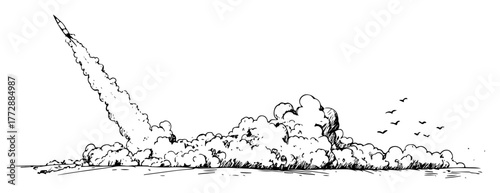 hand-drawn vector illustration of rocket taking off with smoke trail in outline style