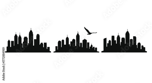 A striking silhouette of a city skyline with a soaring bird