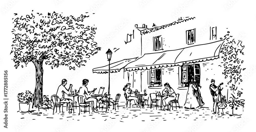 Naklejka premium hand-drawn vector illustration of outdoor cafe scene with people in monochrome outline style