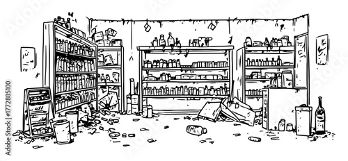 hand-drawn vector illustration of looted store interior with broken shelves and debris