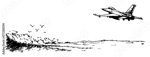 monochrome hand-drawn vector sketch of fighter jet over coastline