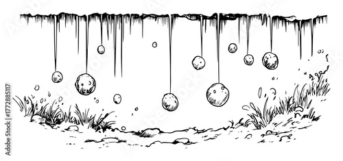 hand-drawn vector illustration of abstract roots and hanging spheres in surreal landscape