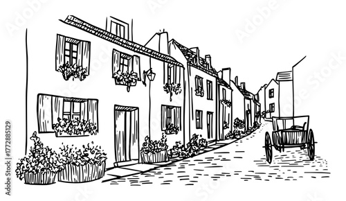 hand-drawn vector illustration of european village street with houses and flowers