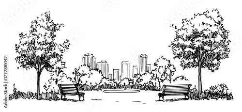monochrome hand-drawn vector sketch of city skyline from park with benches