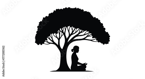 Silhouette of a tree with a meditating person underneath its branches