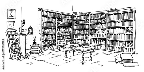 hand-drawn vector illustration of vintage library room with shelves and reading table