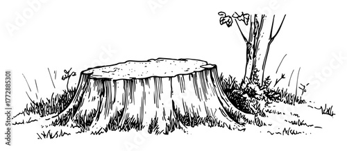 hand-drawn vector illustration of tree stump in grass in monochrome outline style