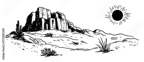 monochrome hand-drawn vector sketch of desert fortress ruins under sun