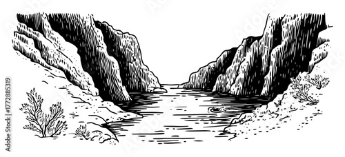 hand-drawn vector illustration of narrow mountain canyon with river in monochrome outline style