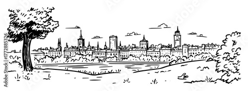 monochrome hand-drawn vector illustration of european city view with modern and historical buildings