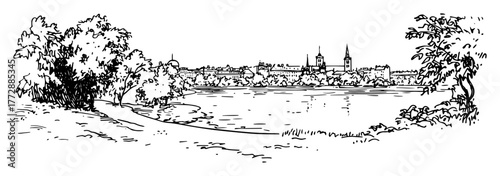hand-drawn vector illustration of european riverside city skyline with trees in monochrome style