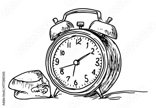 monochrome hand-drawn vector sketch of vintage alarm clock with mushrooms