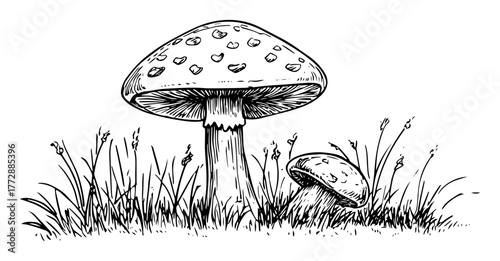 hand-drawn vector illustration of fly agaric mushrooms in grass in monochrome outline style