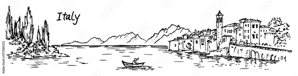Fototapeta premium hand-drawn vector illustration of italian lakeside village with mountains in monochrome outline style