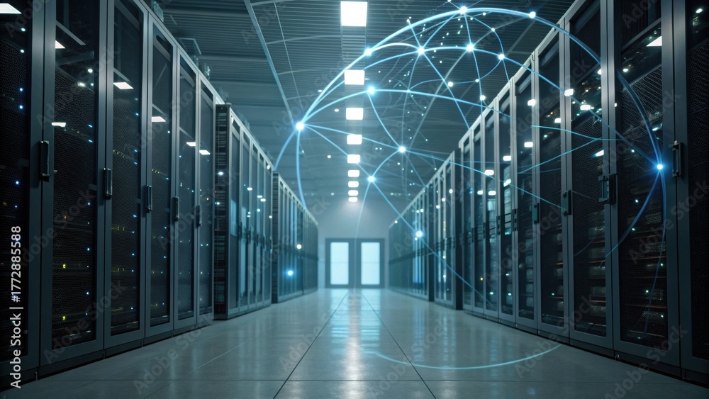 Fototapeta premium A modern data center aisle with rows of server racks, illuminated by overhead lights and featuring a digital network overlay.
