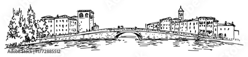 monochrome hand-drawn vector sketch of italian city with river and bridge in outline style