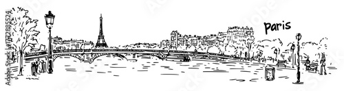 hand-drawn vector illustration of paris with eiffel tower and street in minimal outline sketch style