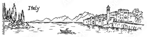hand-drawn vector illustration of italian lakeside village with mountains in monochrome outline style