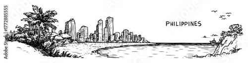hand-drawn vector illustration of philippines coastline cityscape in monochrome outline style