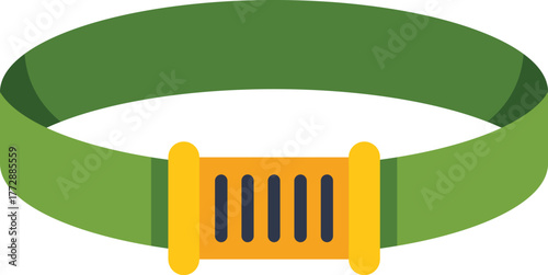 Green belt with golden buckle securing clothes on white background