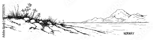 monochrome vector landscape of norway with mountains and lake in hand-drawn outline style