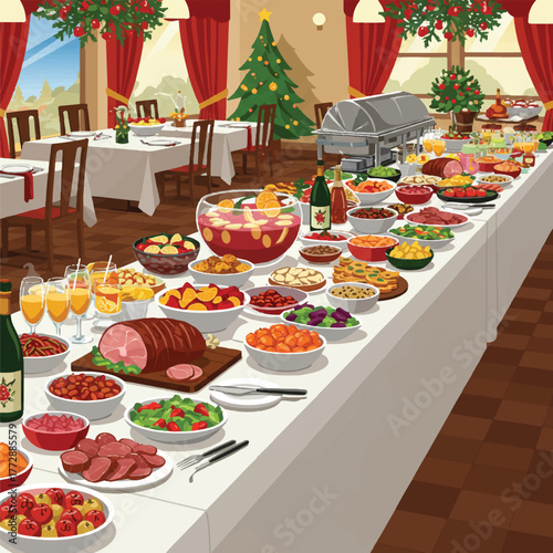 A long table filled with various dishes of food and glasses of drinks in a festive restaurant setting with a Christmas tree.