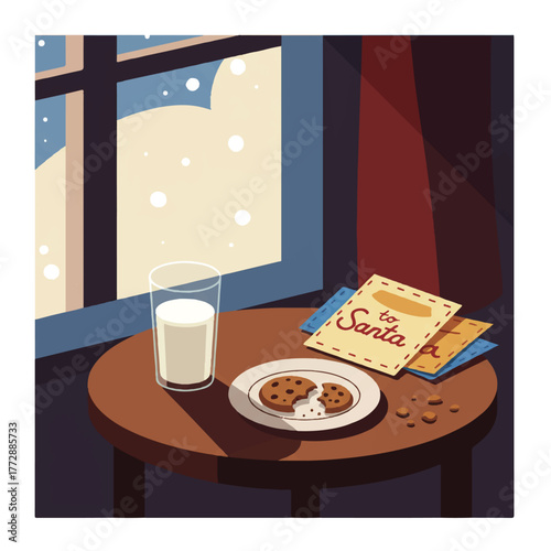Illustration of a glass of milk and cookies on a wooden table by a snowy window with a note for Santa.