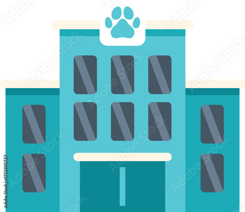 Veterinary clinic building facade with a paw print logo, representing pet care and animal healthcare services