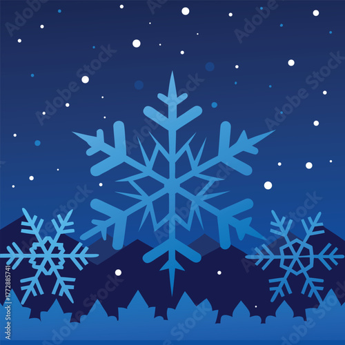 Festive Winter Background with Dark Blue Gradient and Elegant Snowflake Vector Design