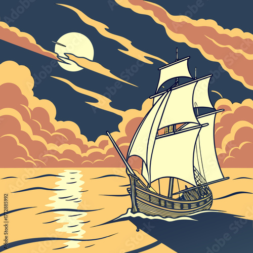 Vintage sailing ship navigates moonlit ocean under dramatic clouds