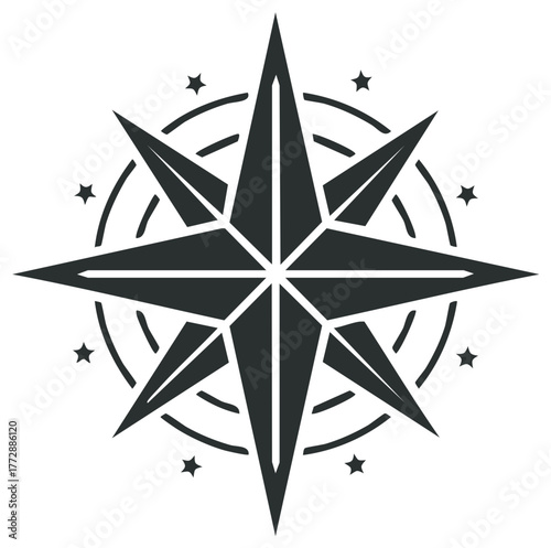 Striking monochrome graphic of a nautical eight-pointed star compass rose with stylized elements and star accents, conveying navigation and adventure.