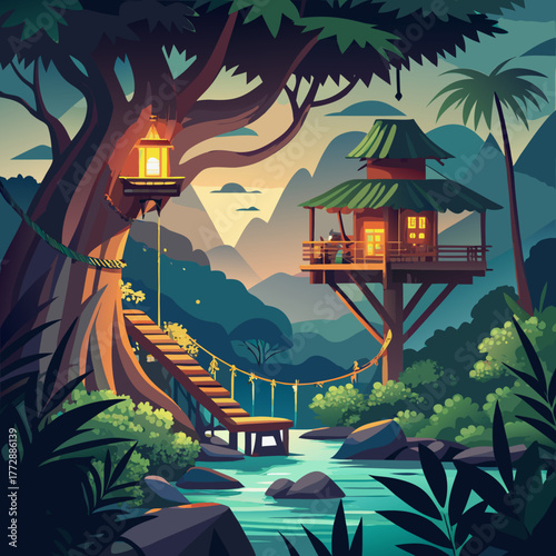 Enchanting jungle treehouses overlooking a serene river at dusk