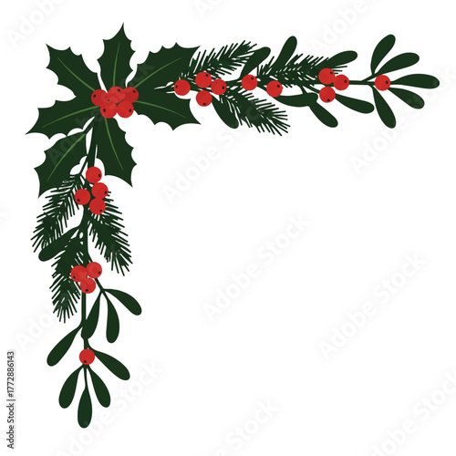 Illustration of a festive holly and mistletoe arrangement with red berries on a white background.