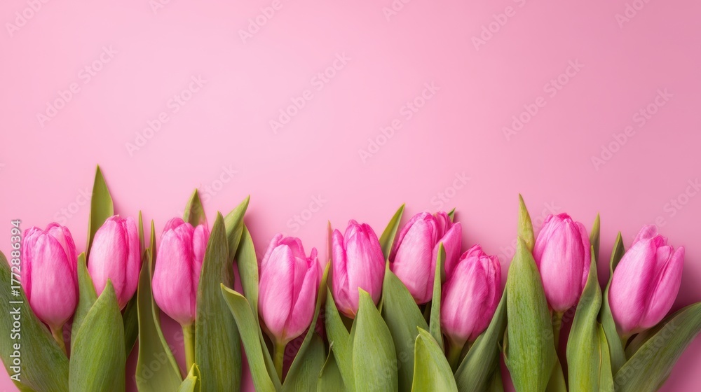 Fototapeta premium Pink tulips with green leaves create a lovely display against a pastel backdrop evoking springtime joy.