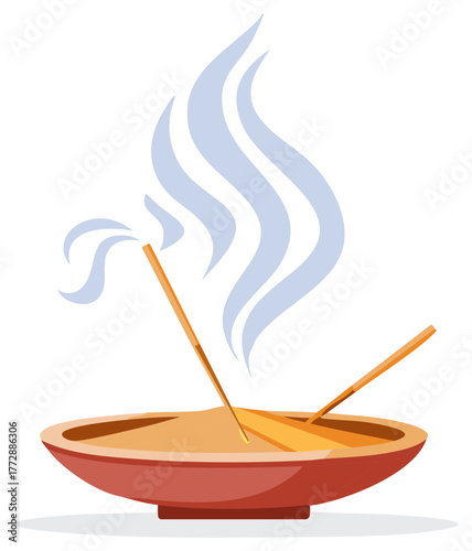 Incense burning in a bowl with smoke swirling upwards, vector illustration