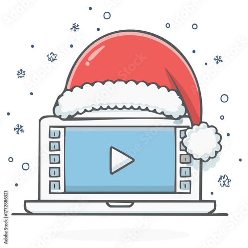 Cartoon laptop wearing a festive Santa hat for Christmas online video streaming and entertainment
