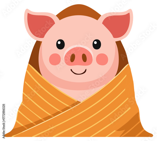 Cartoon pig wrapped in blanket smiling with happy face