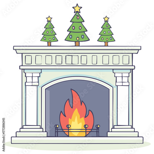 Cozy Christmas fireplace with burning fire and three decorated trees on the mantel