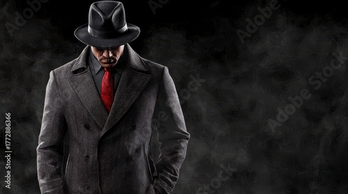 Stylish man in a fedora hat and coat against a dark, smoky background, exuding mystery and sophistication.