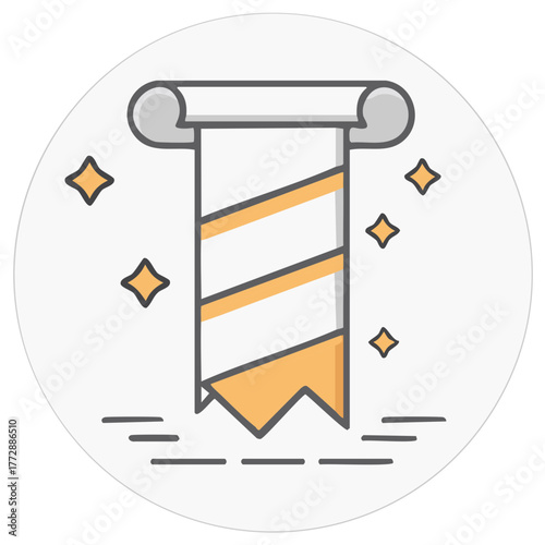 Barber pole with swirling ribbons and stars symbolizing grooming and style