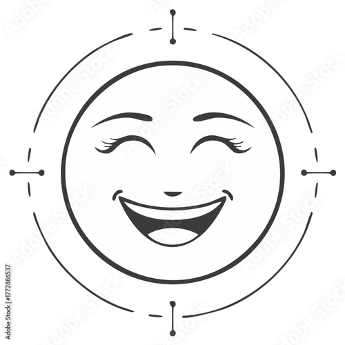 Happy Smiling Face Simple Line Art in Circle Symbol with Lashes
