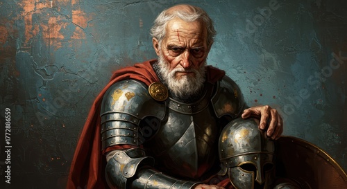 Elderly heroic warrior, holding spartan helmet in illustration art style