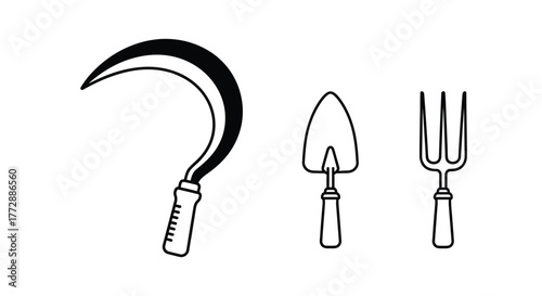 Simple black and white illustration of gardening tools sickle trowel and fork