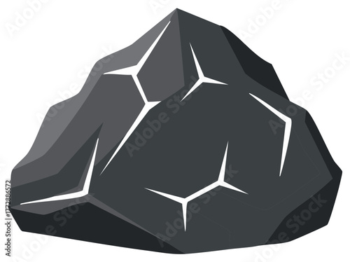 Stylized dark gray rock with white cracks and angular geometric facets abstract illustration