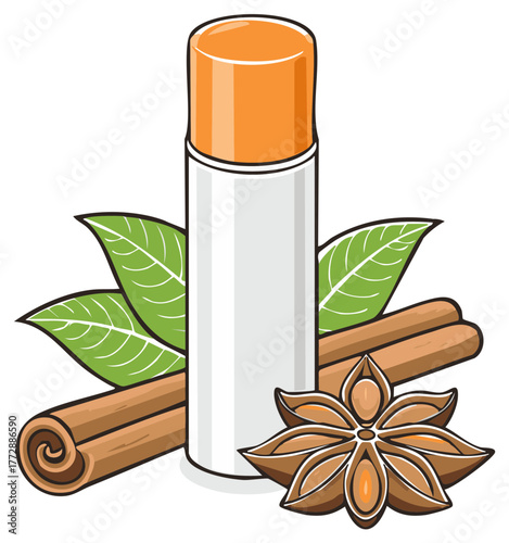 Natural Spiced Lip Balm with Cinnamon Star Anise and Mint Leaves Vector Illustration