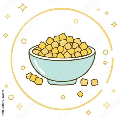 Simple cartoon illustration of a light blue bowl overflowing with yellow food cubes and decorative elements