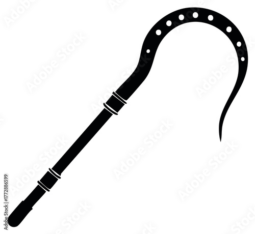 Egyptian Crook Vector Icon in Black Silhouette Curved Staff with Round Holes Detail Ancient Royalty Symbol