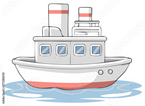 Cartoon Tugboat with Smokestacks Floating on Wavy Blue Water