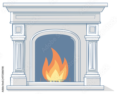 Ornate Stone Fireplace with Burning Fire Illustration for Interior Design and Heating Concepts Creates Warmth and Ambiance