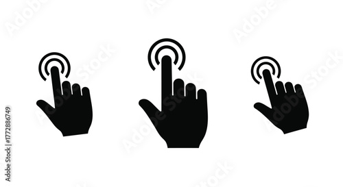 Three black silhouettes of hands pressing circular buttons or touchscreens
